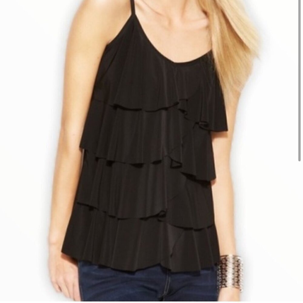 INC International Concepts Black Ruffled Tiered Tank, Size Medium